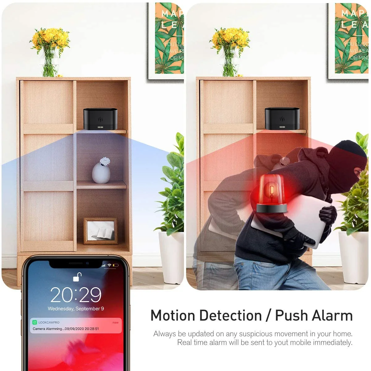 Humidifier-style camera — motion alert graphic (supplier)